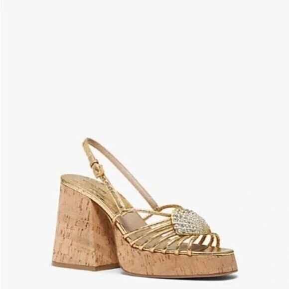 Michael Kors Collection Buffy Runway Metallic Seashell Gold Sandals 37.5 US 7 - Picture 1 of 9